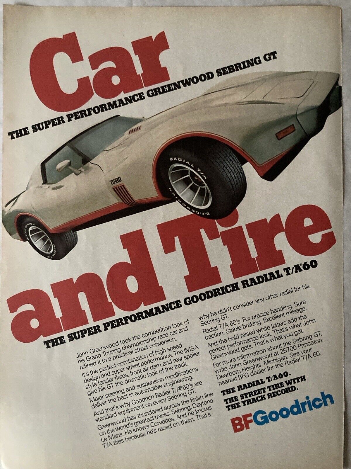 1977 B.F. Goodrich Tire Print Ad T/A 60 John Greenwood Chevrolet Corvette