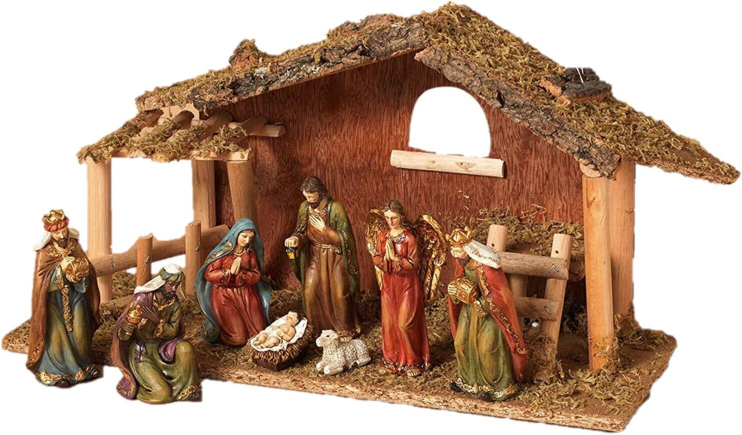 Holy Birth 9-Piece Ceramic Nativity Scene with Mossy Stable 