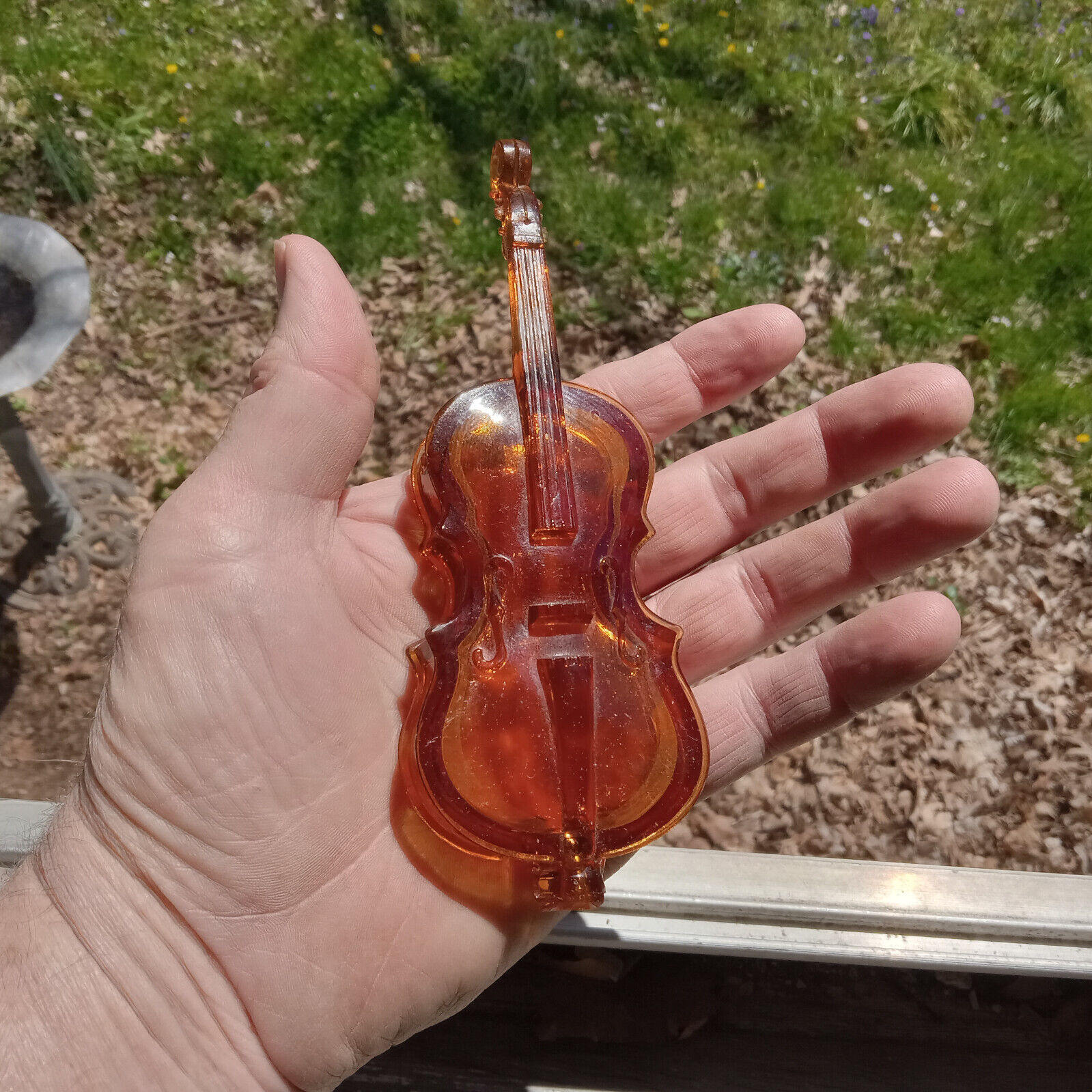 1890s AMBER GLASS VIOLIN CELLO FIGURAL POCKET WHISKEY FLASK PAT APL\'D FOR