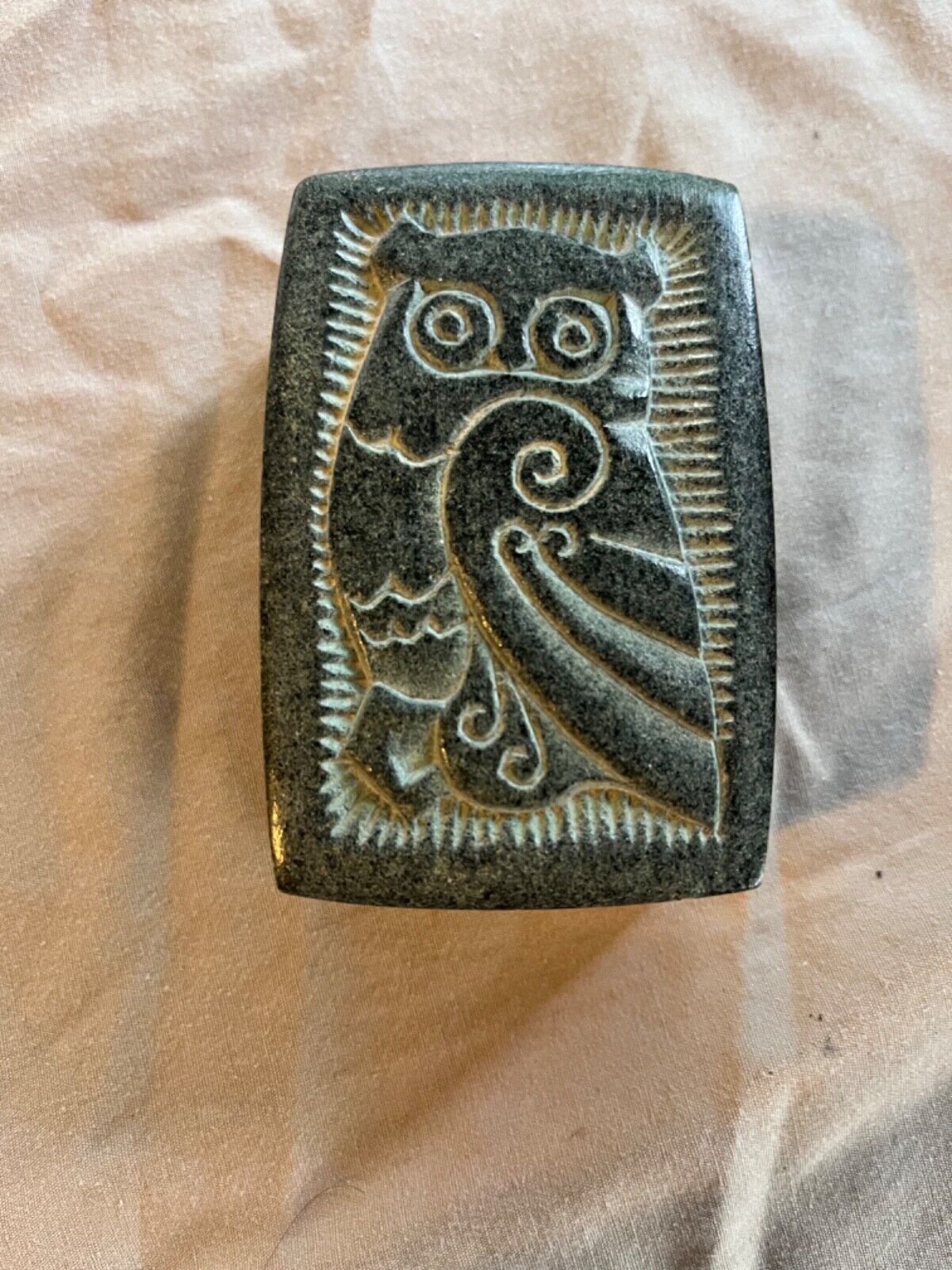 Owl Carved Marble Stone  Trinket Box Small Heavy Earthy 