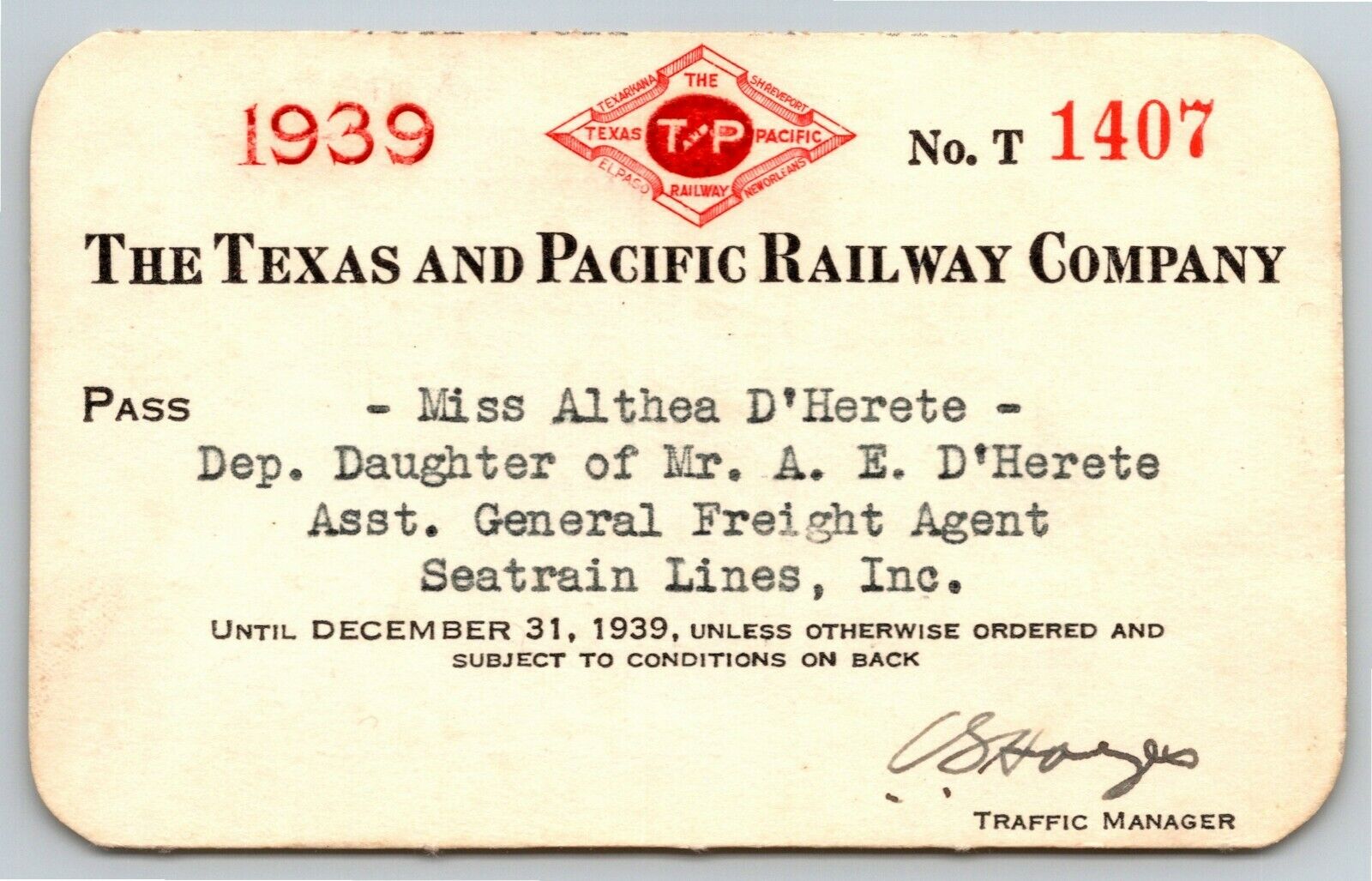 Vintage Railroad Annual Pass The Texas & Pacific Railway 1939 T1407 Thermography