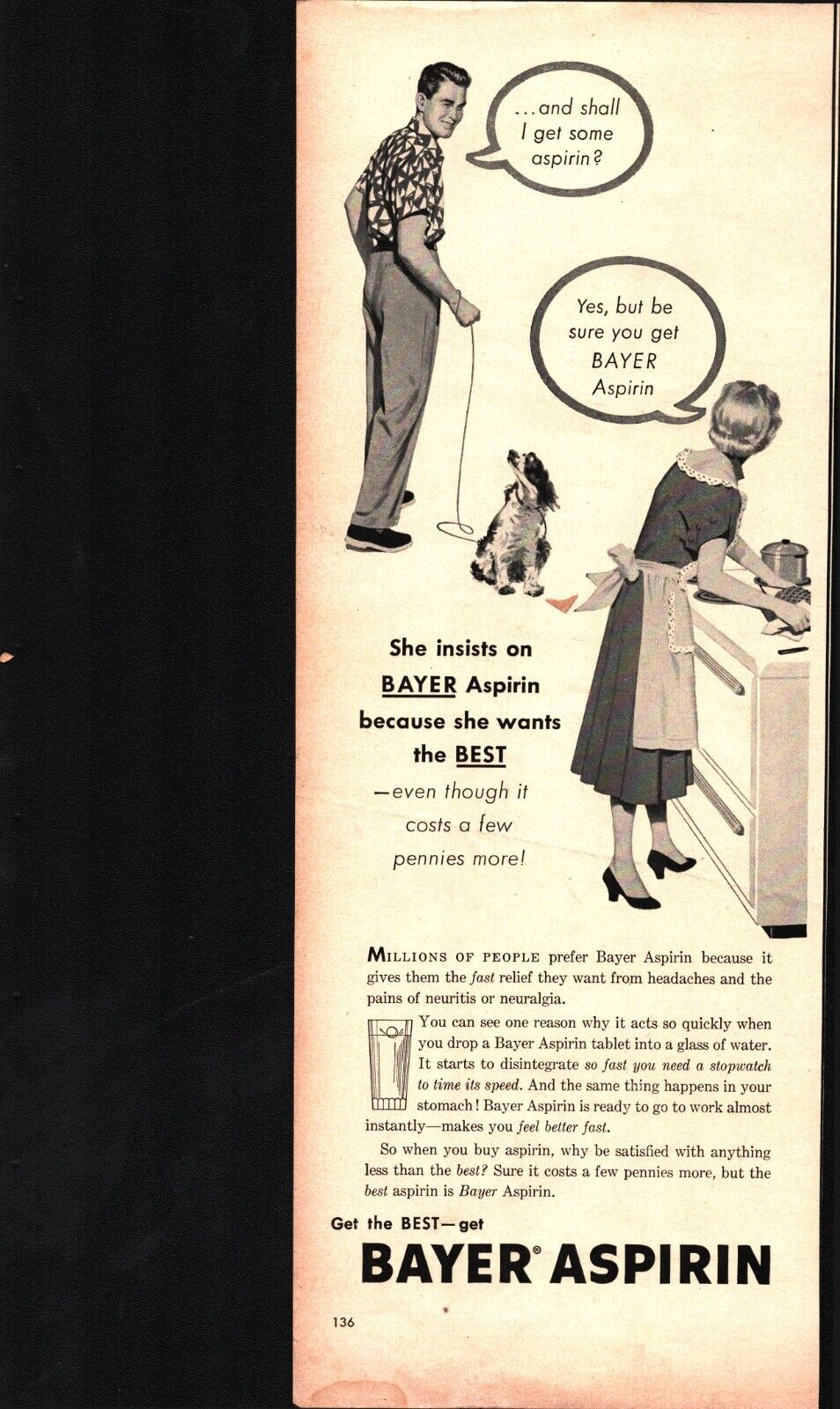 1954 Bayer Aspirin vintage popcorn wife dog vintage ad a8