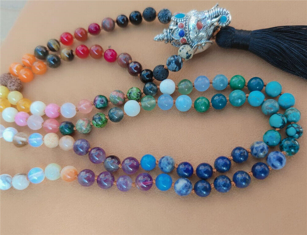 8mm Chakra 108 Beads Tassel Knotted Necklace Bracelet Wrist Chic Healing Bless