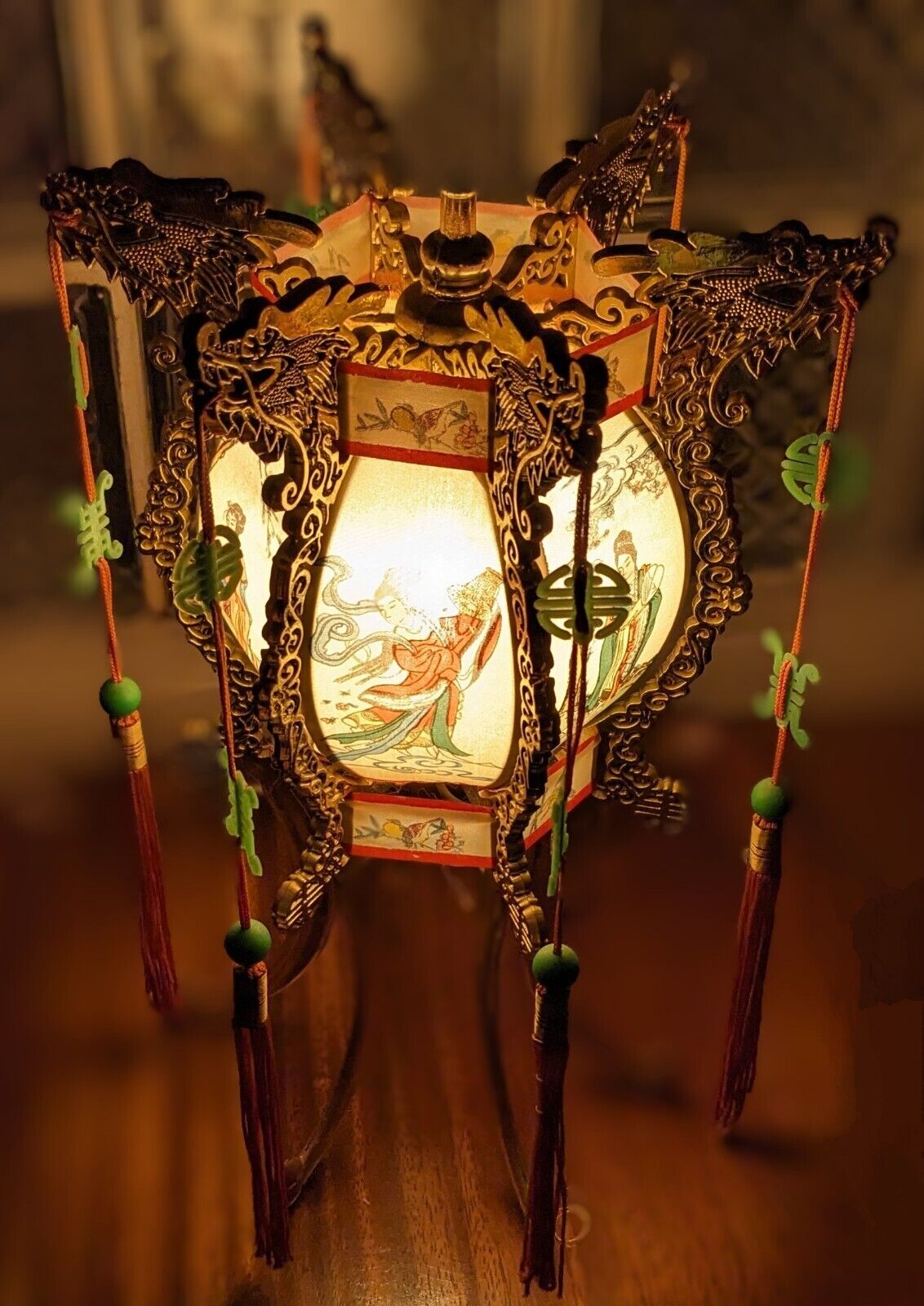 Vtg PAGODA ORIENTAL DRAGON ASIAN Table Vanity Lamp CHINESE LANTERN Works