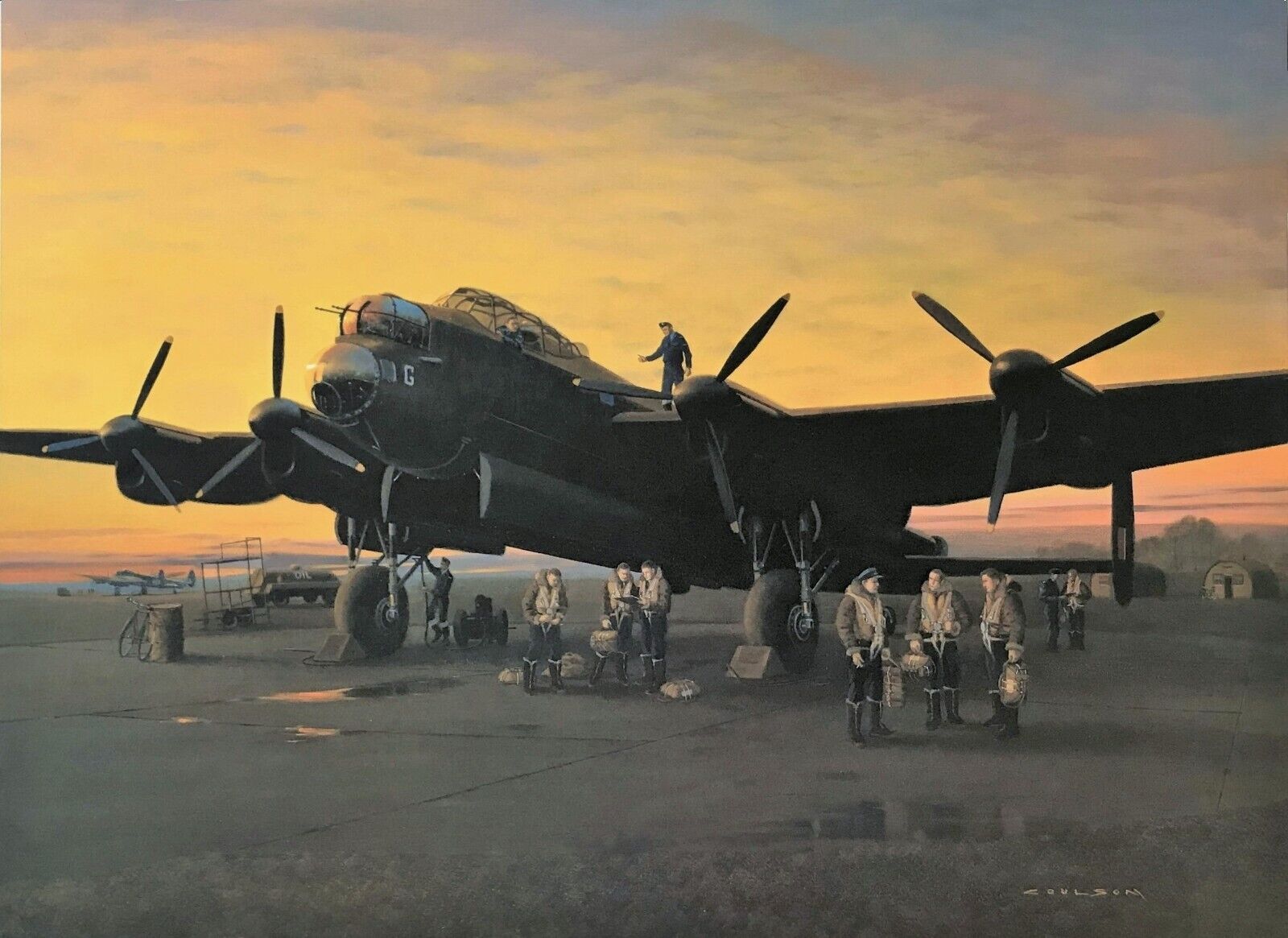 A LINCOLNSHIRE SUNSET 1944 by Gerald Coulson signed by five 617 Squadron Pilots