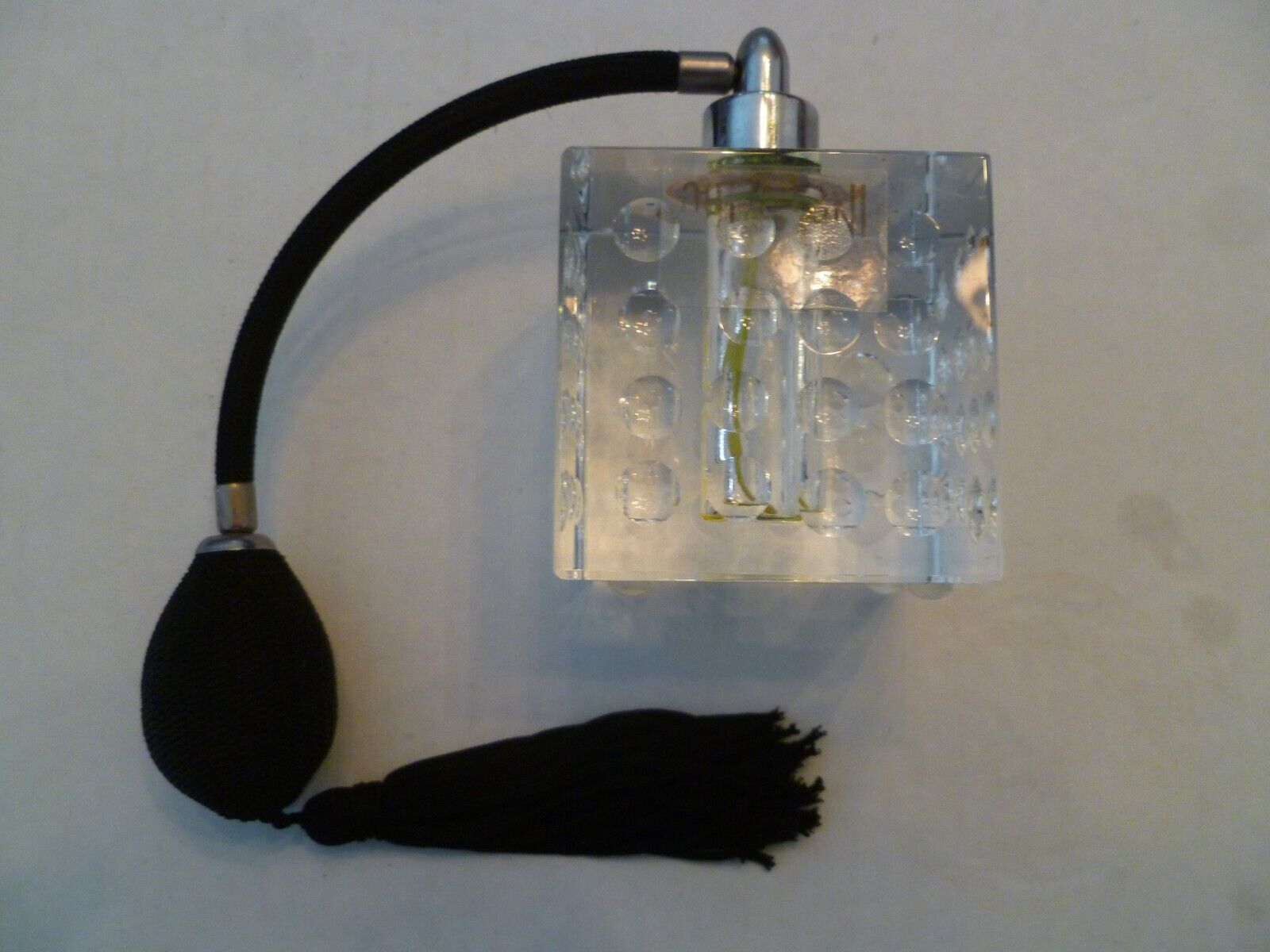 Oleg Cassini Perfume bottle glass square/ atomizer 3 1/2 Vintage signed