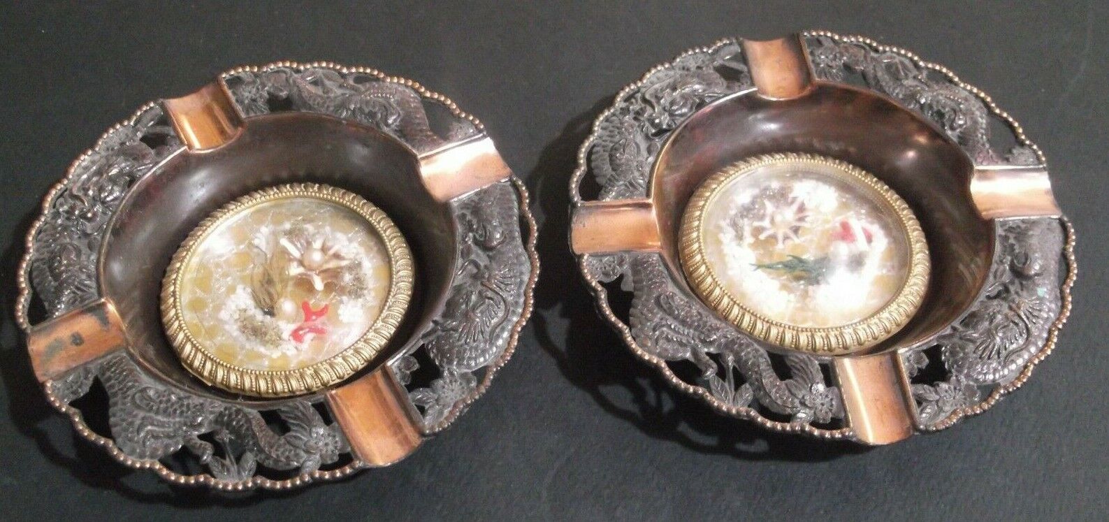 Vintage Set of 2 Ashtrays with Sea Bed Scene w/ 2 pearls and one shellfish each