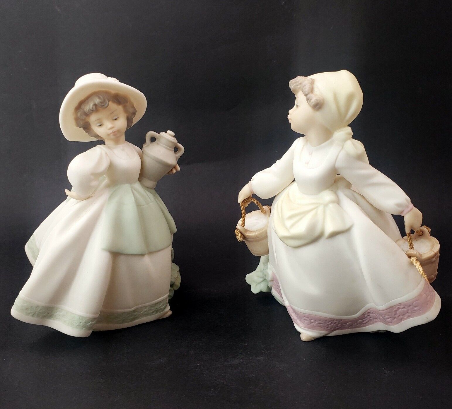 Set of 2 Golden Memories Girls  Carrying Water Buckets and Jug. Made In Spain.