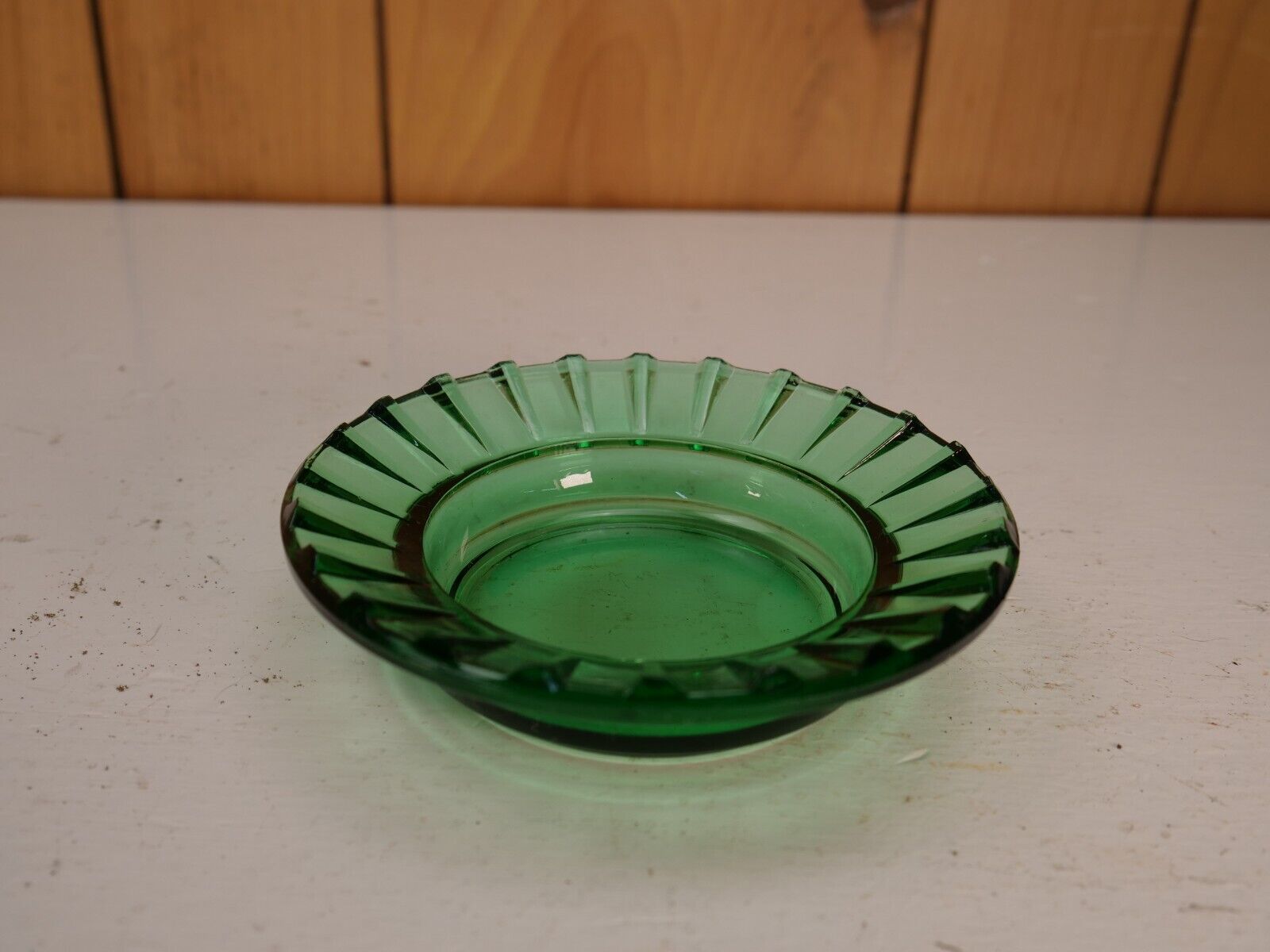 Vintage Green Round Glass Ashtray MCM Ribbed