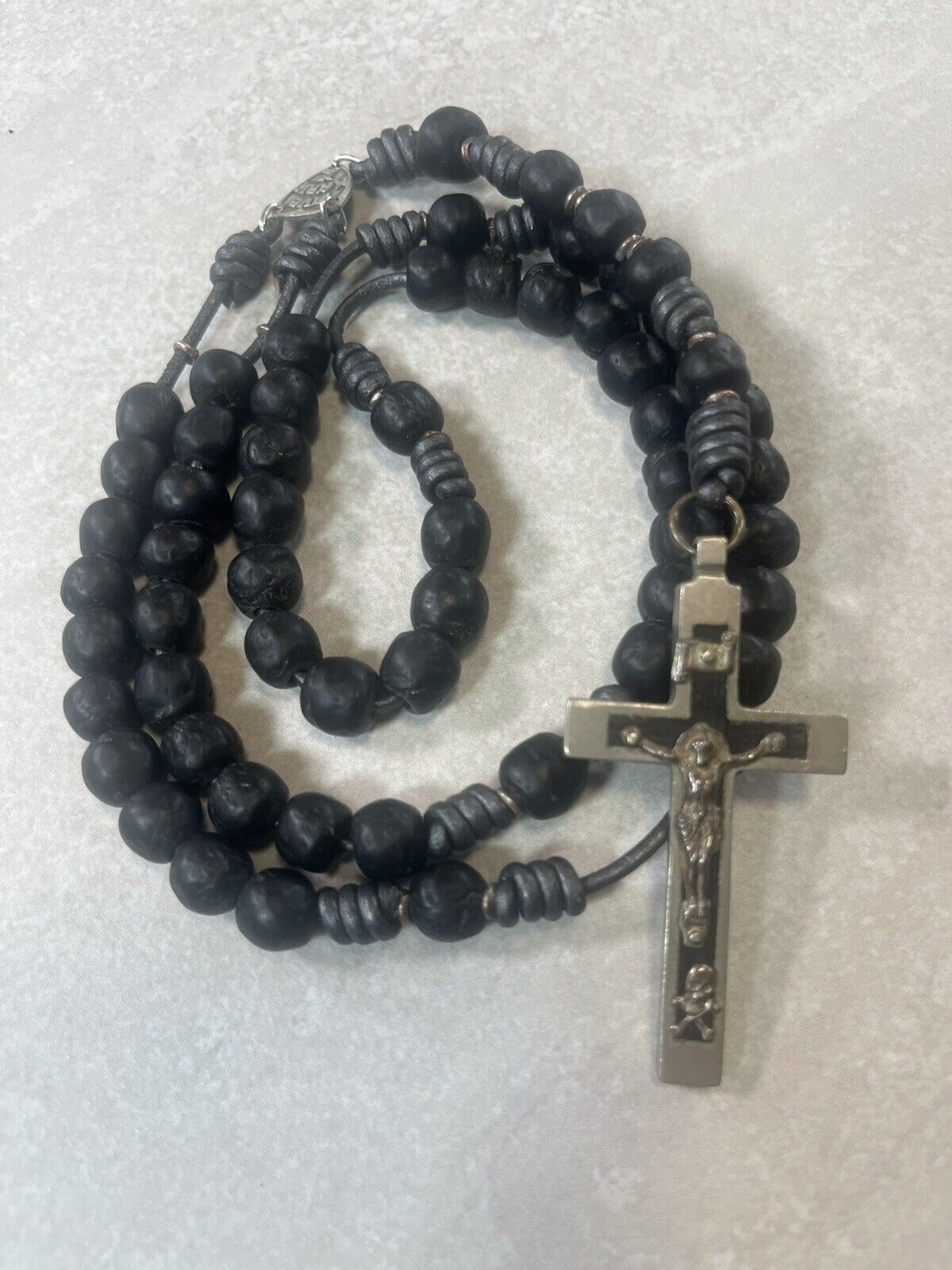 Vintage Ebony Skull Crossbones Handmade Rosary Necklace