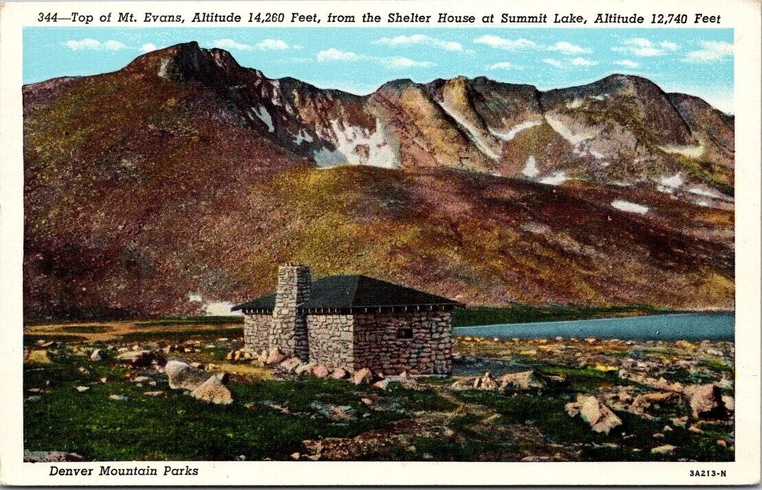 postcard Mt Evans Shelter House At Summit Lake Colorado A14