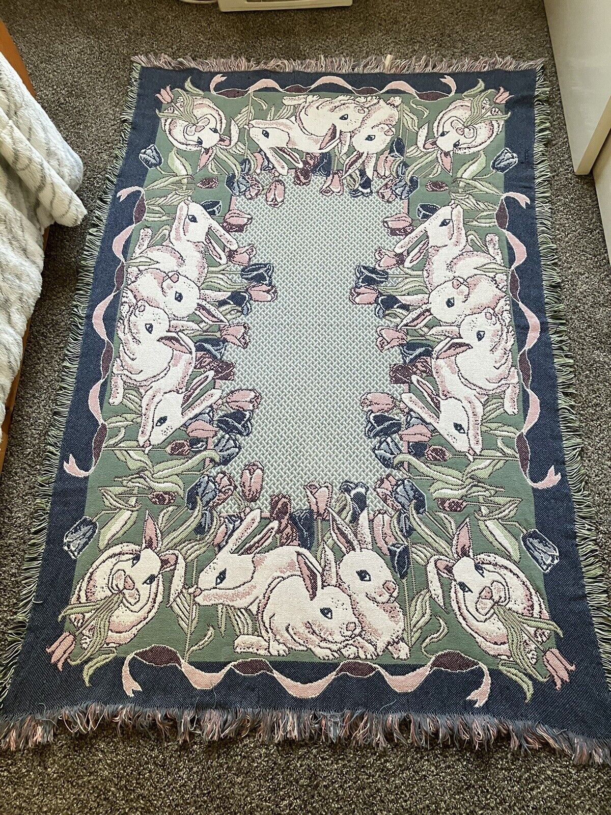 1992 MWW Easter Bunny Rabbits Foam Green Floral Tapestry Cotton Throw Blanket