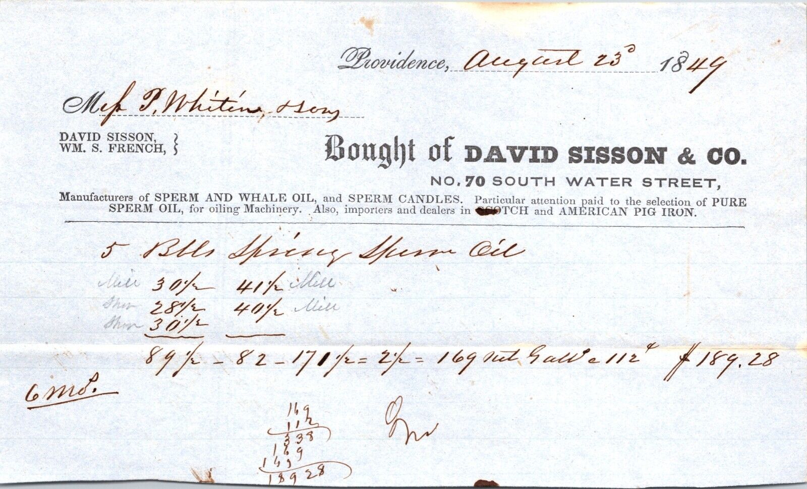 Davis Sisson Co Providence RI 1849 Billhead Sperm & Whale Oil Candles