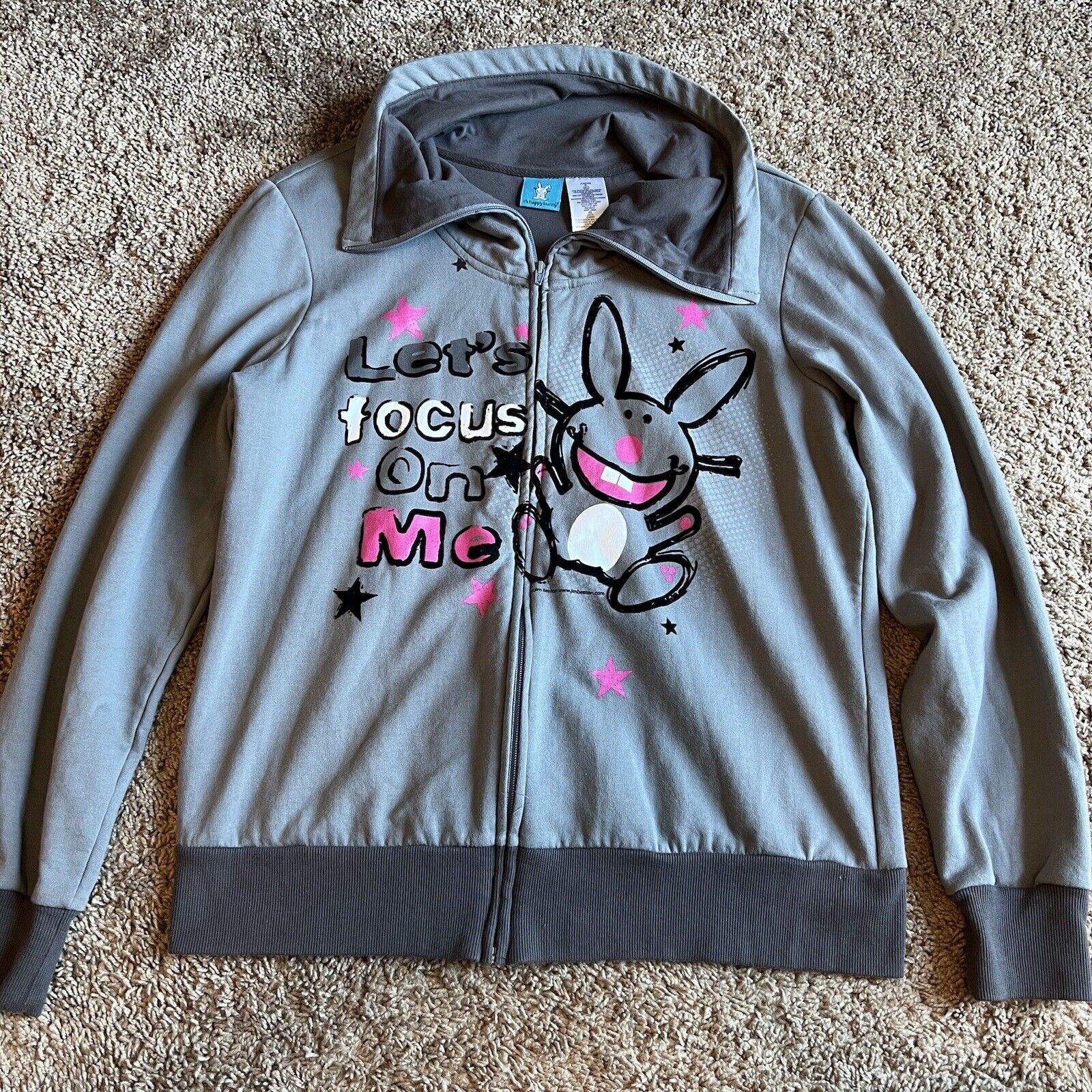 Jim Benton It’s Happy Bunny Y2k Sweater Sweatshirt Zip Up Jacket Vintage size XL