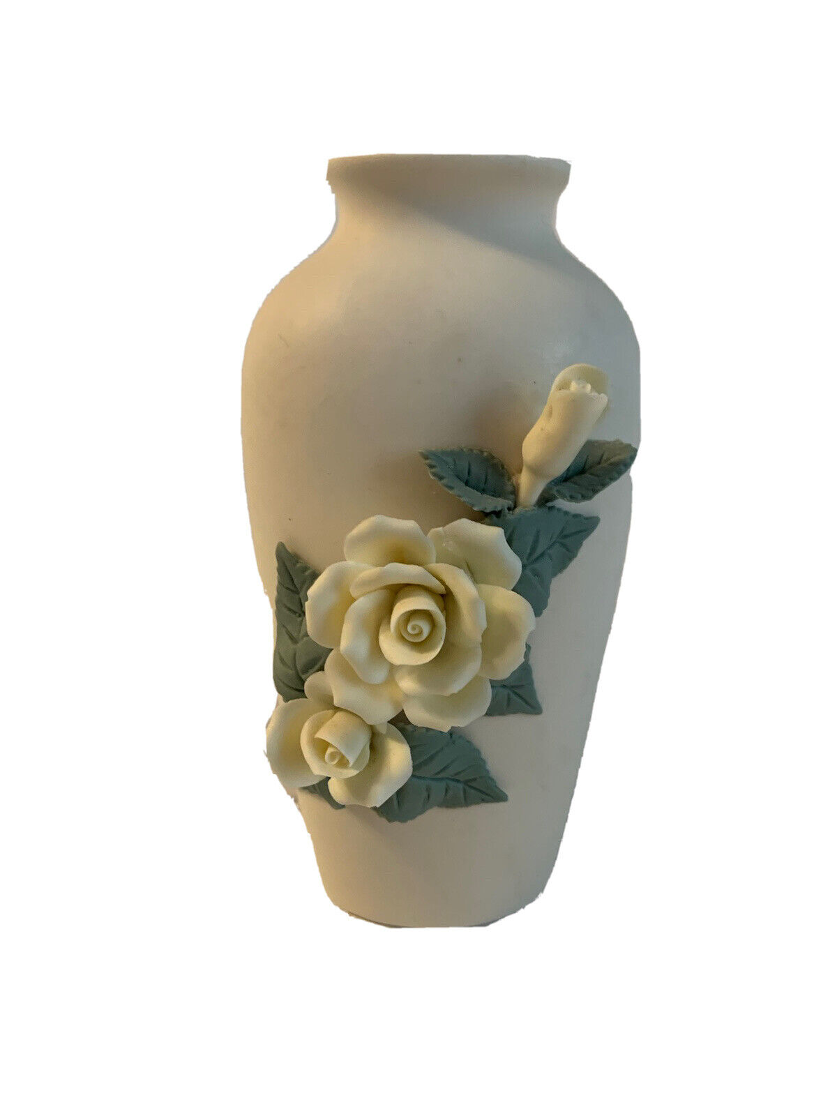 Vintage Applied Yellow Roses and Leaves Porcelain Bud Vase White & Yellow Flower