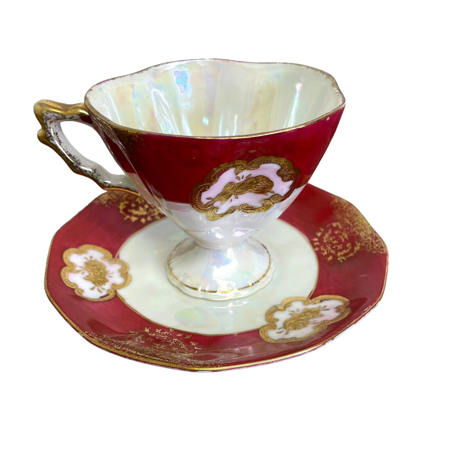 Vintage Japan Burgundy Iridescent Cup & Saucer Pedestal Gold Trim Unmarked MCM