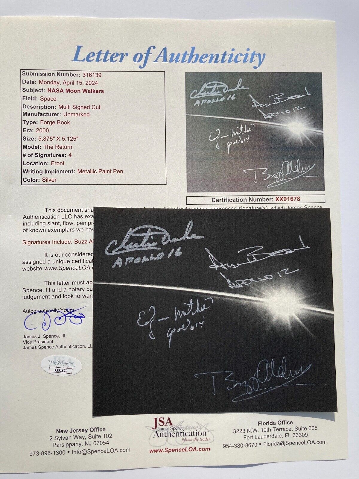 4 NASA MOONWALKERS signed 6x6 paper ALDRIN, DUKE, MITCHELL & BEAN   JSA #XX91678