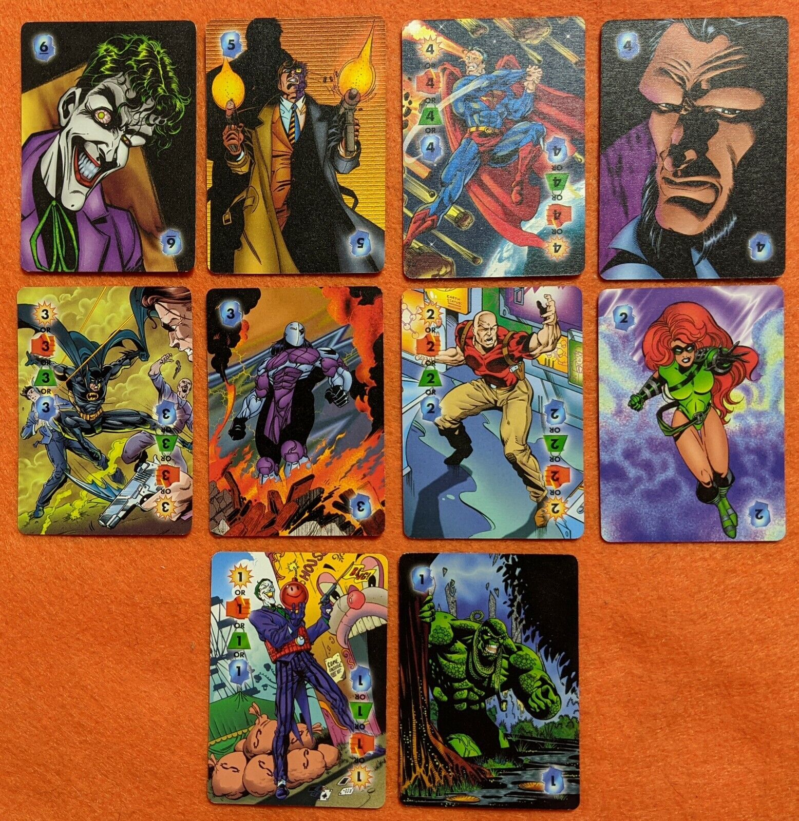 DC OVERPOWER lot 10 power cards 1-6 intellect 1-4 multipower DC Batman Superman