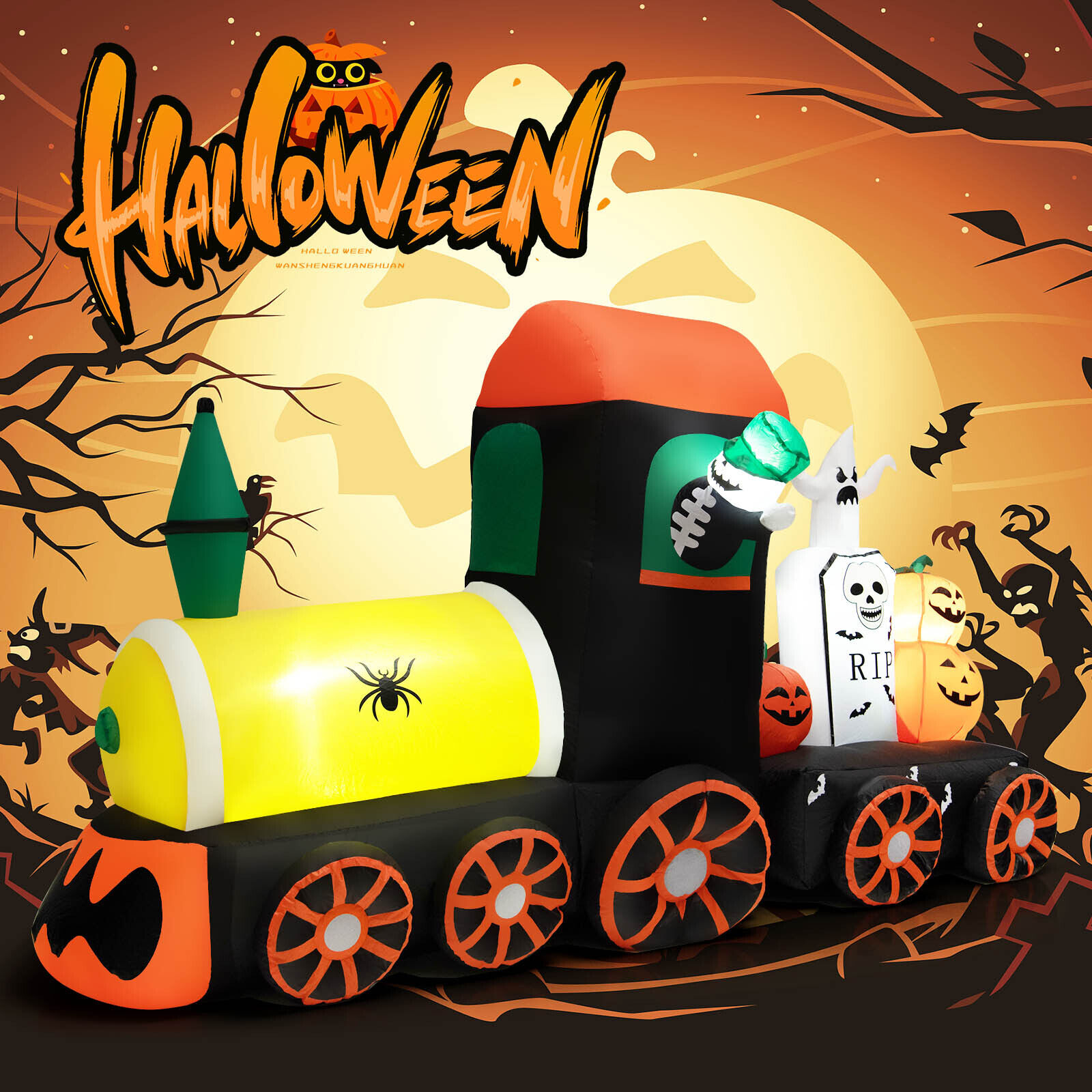 8ft Long Halloween Inflatable Skeleton Ride on Train LED Lighted Halloween Decor