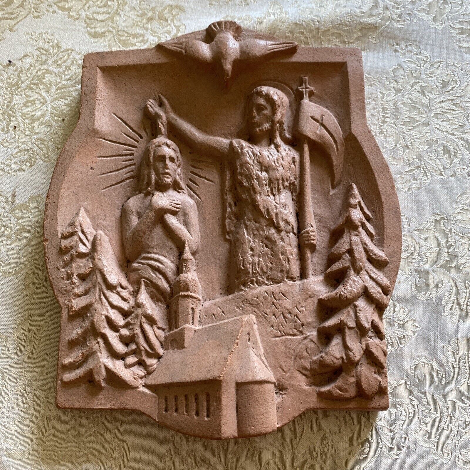 Vtg Terracota Wall Plaque Baptism of Jesus 9x7 inches