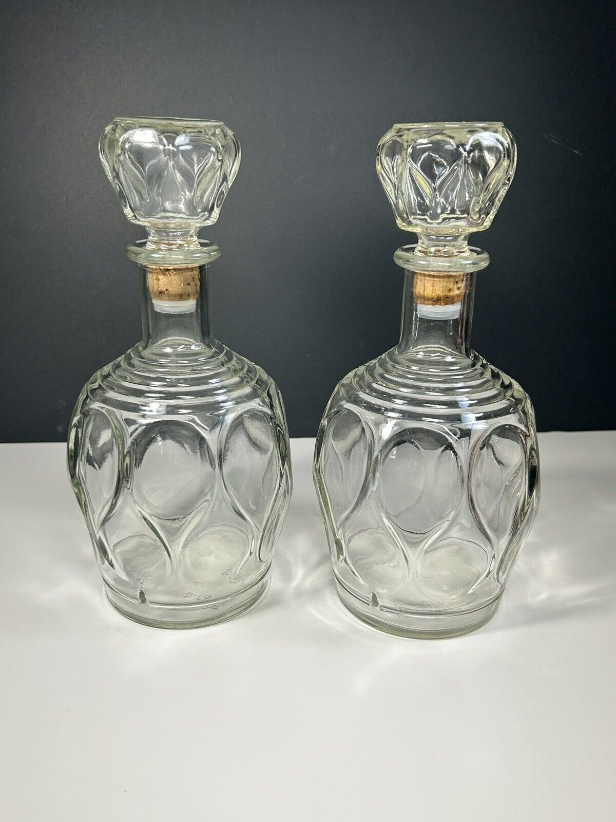 Lot of 2 Vintage Clear Glass Matching Decanters Teardrop Thumbprint