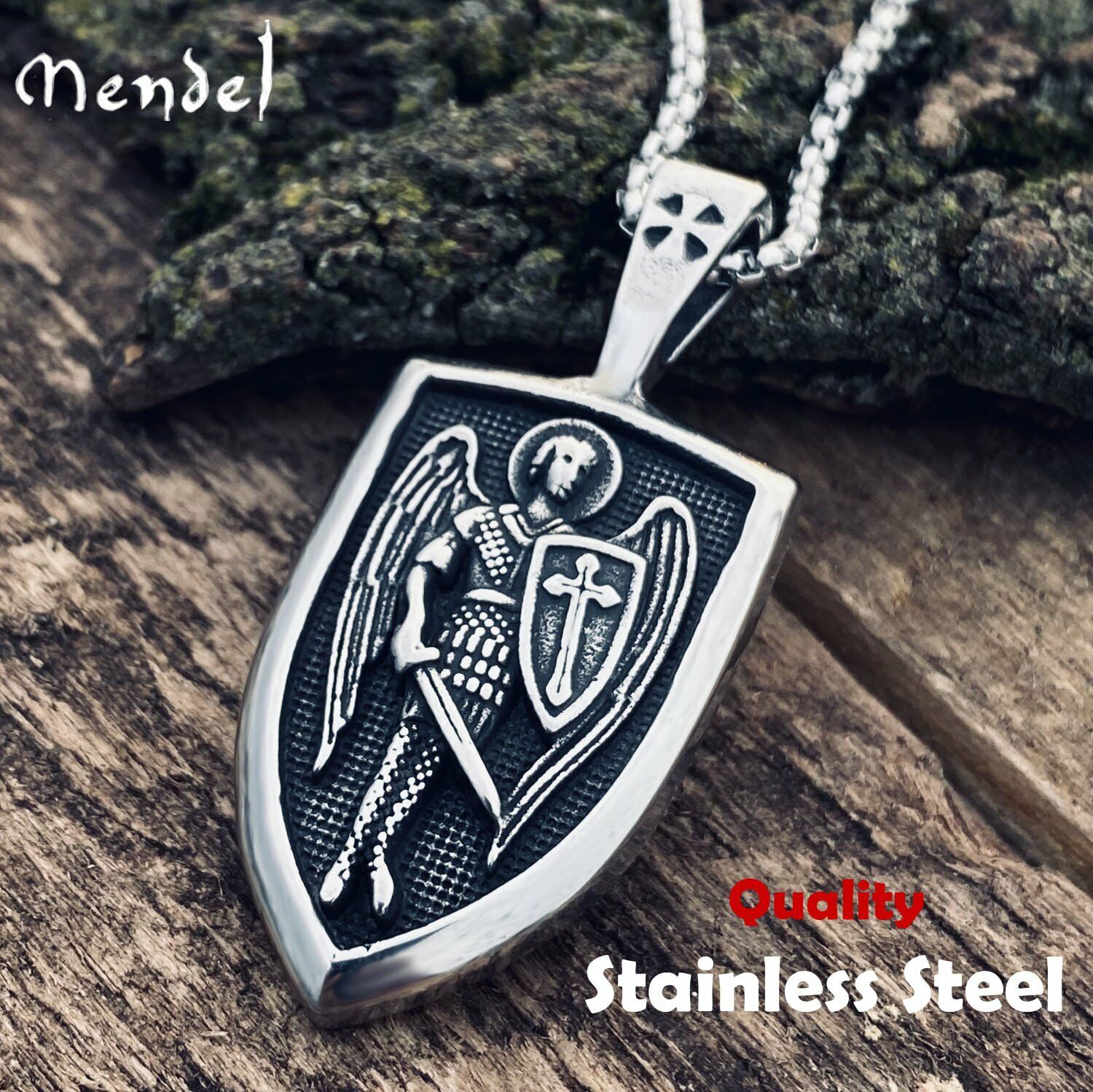 MENDEL Mens Archangel St Saint Michael Medal Pendant Necklace Stainless Steel