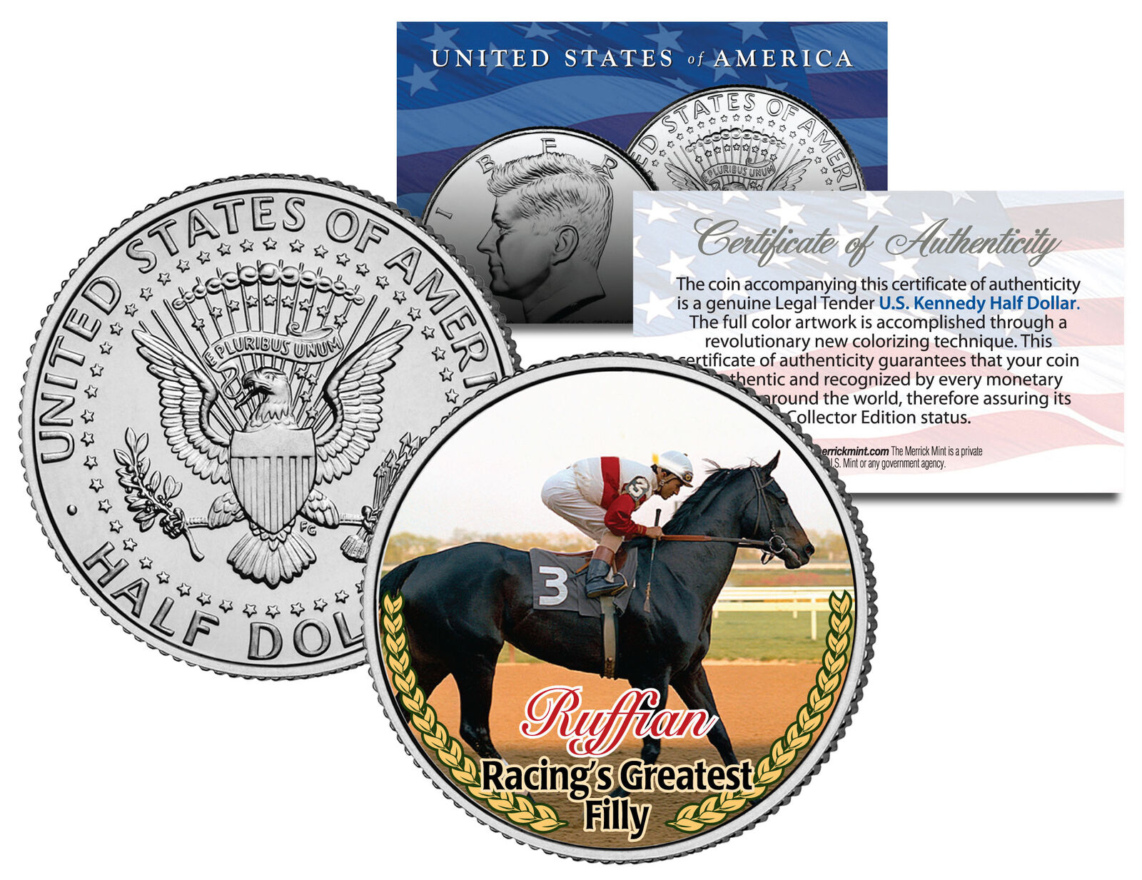 RUFFIAN * Racing's Greatest Filly * Racehorse Colorized JFK Half Dollar US Coin