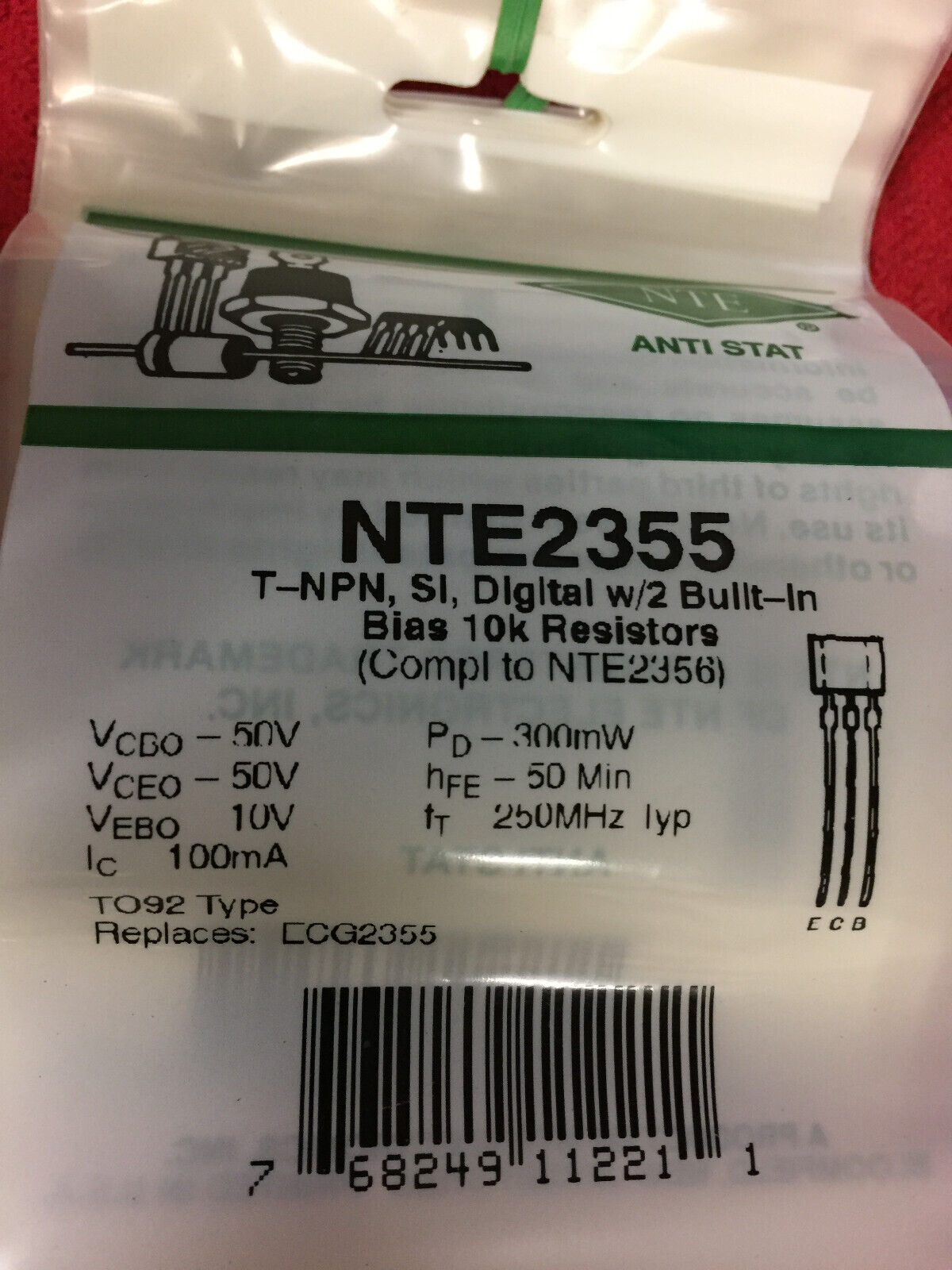 NTE2355  NPN - Pre-Biased 50 V 100 mA 250 MHz 300 mW Through Hole TO-92S 5 PCS