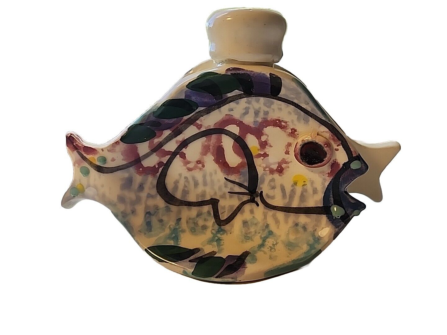 VINTAGE COLORFUL DOUBLE SIDED FISH TAPER CANDLE HOLDER , SIGNED BY ARTIST 9 x 4\
