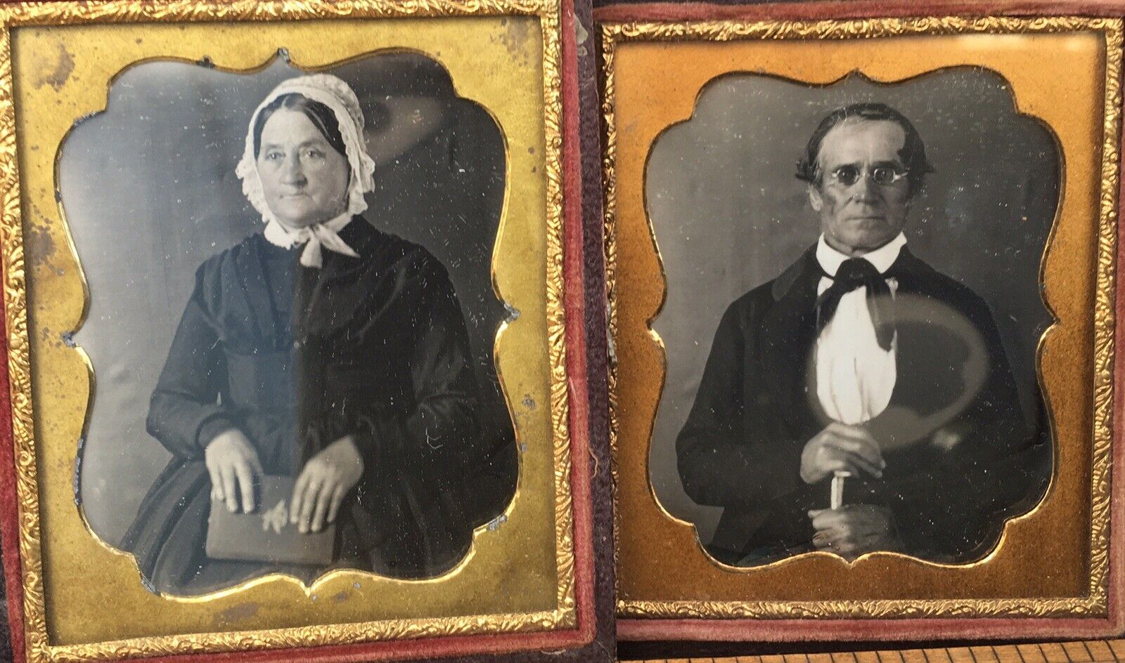 Antique PAIR TWO Daguerreotype Photo 1/6 Plate Husband & Wife Hold Book