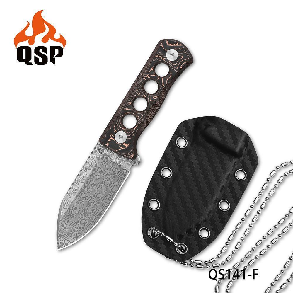 QSP Canary Fixed Blade Knife Copper Foil CF Handle Damascus Plain Edge QS141-F