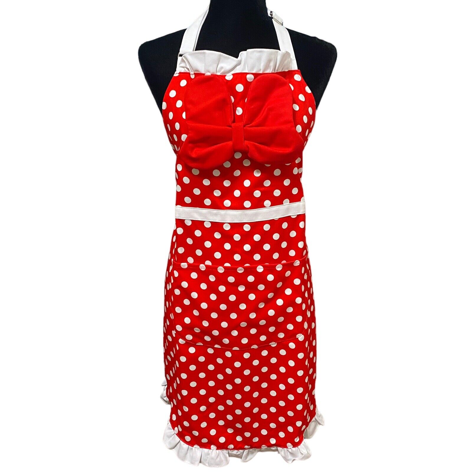 Disney Parks Minnie Mouse Apron Red Bow White Polka Dots Adult Size