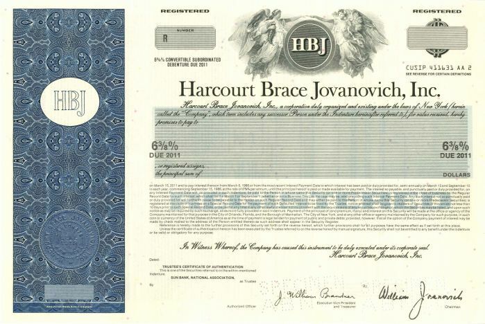 Harcourt Brace Jovanovich, Inc. - Bond - Specimen Stocks & Bonds
