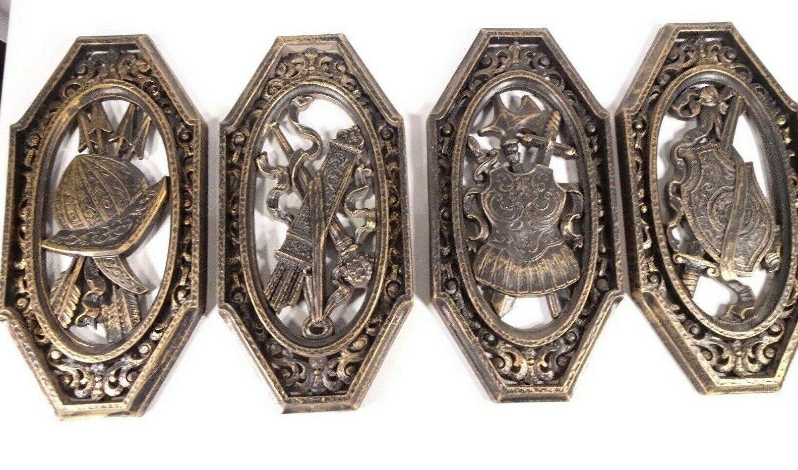 Set of 4 Vintage Homco Medieval Armor Spanish Weapons Coat of Arms Wall Plaques