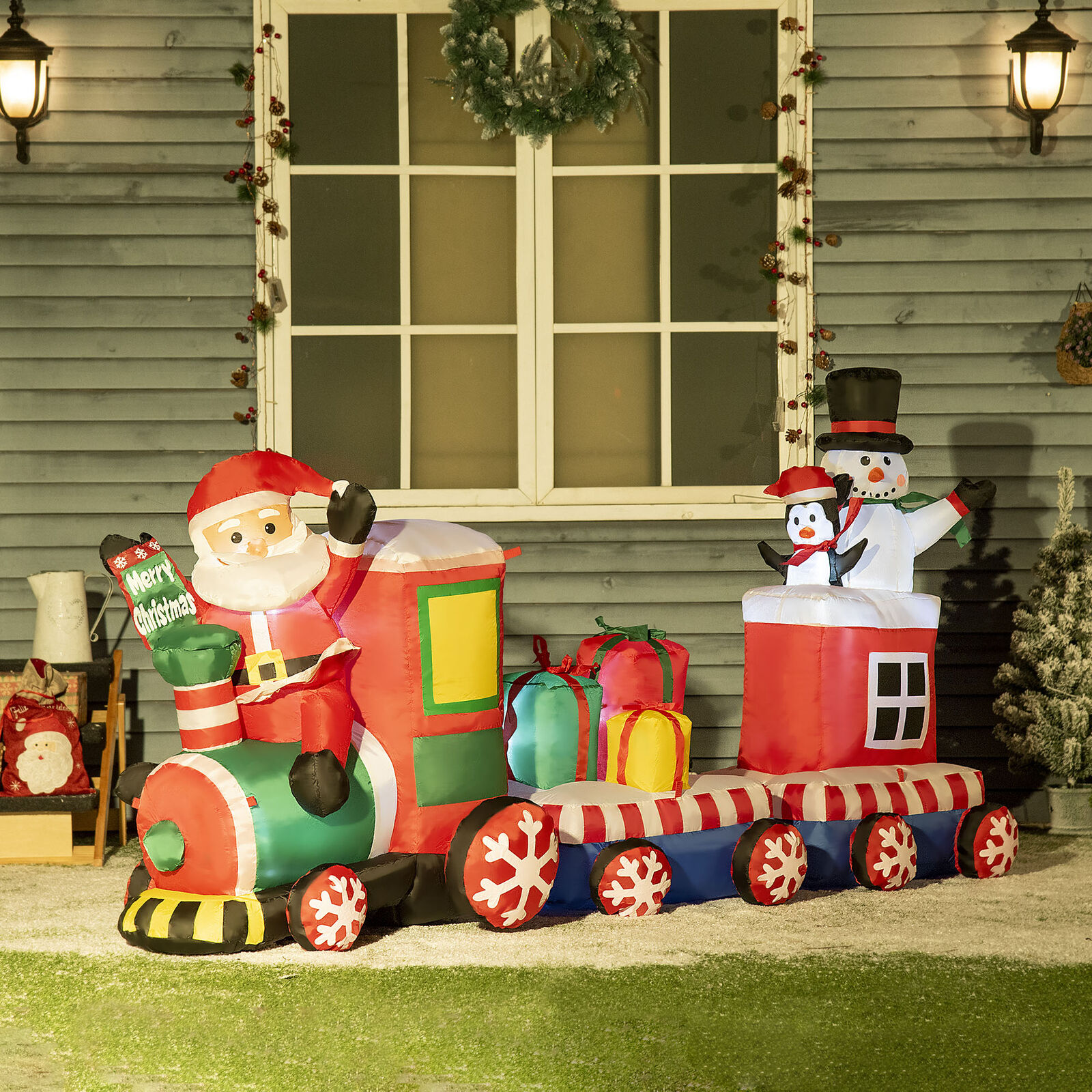 8ft Inflatable Christmas Train w/ Santa Claus, Snowman Penguin Gift Boxes LED
