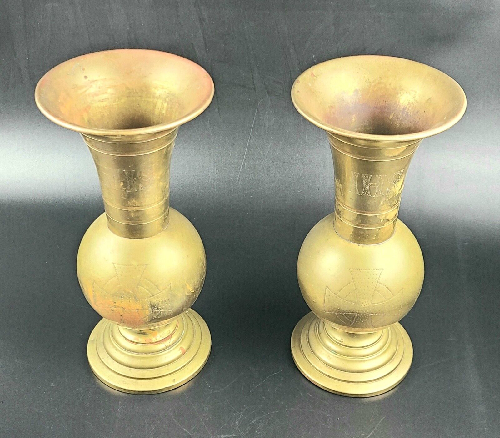 Antique - Brass Vases with Etched IHS and Alter Cross Signs/Symbols - Pair