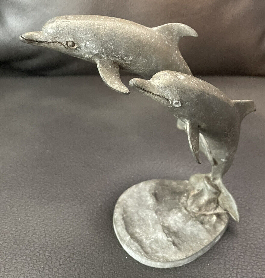 Vintage Hudson Pewter Pair Of Jumping Dolphins Figurine 4.5” High