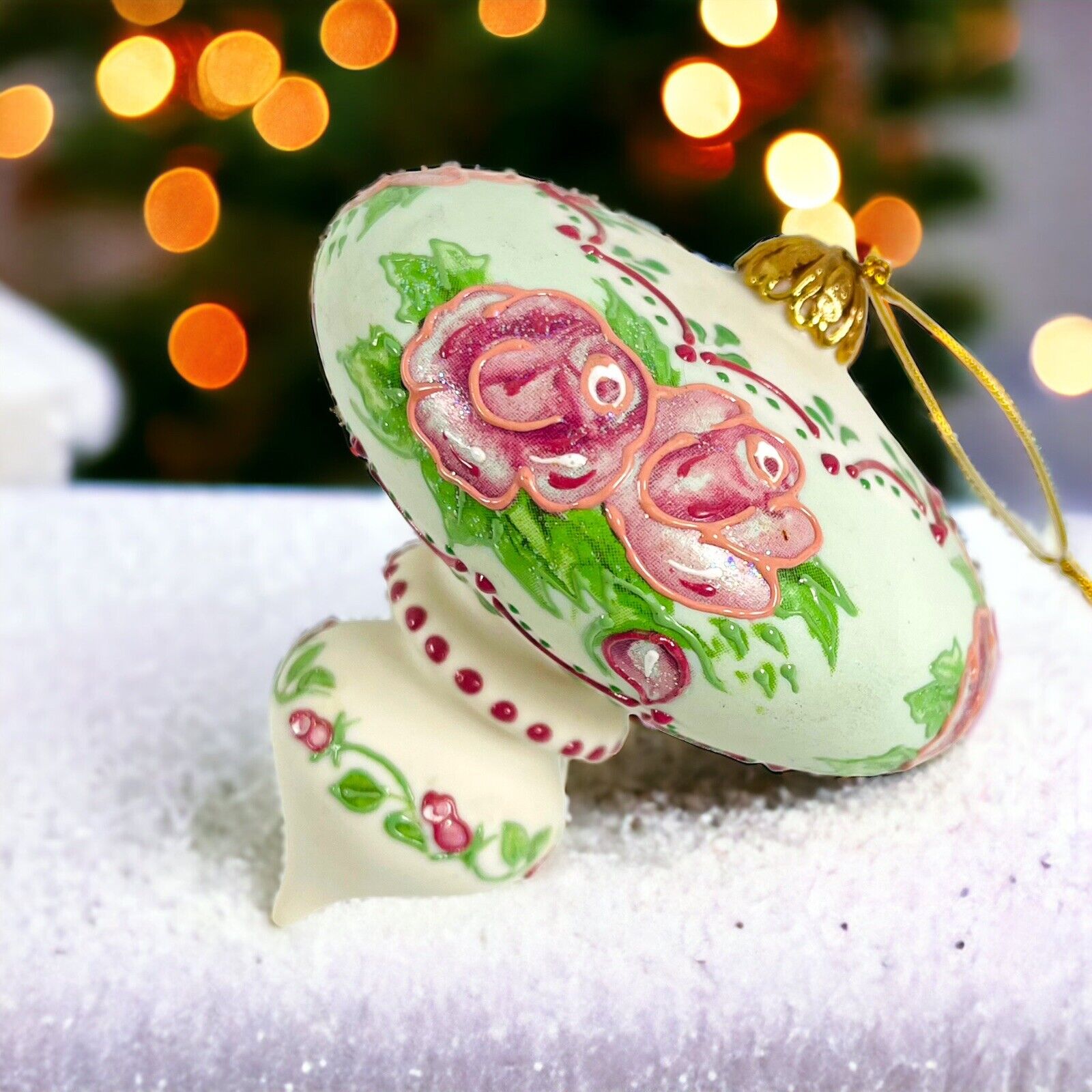 Rhyn-Rivet Porcelain Pink Rose Christmas Ornament Cottagecore Teardrop Finial