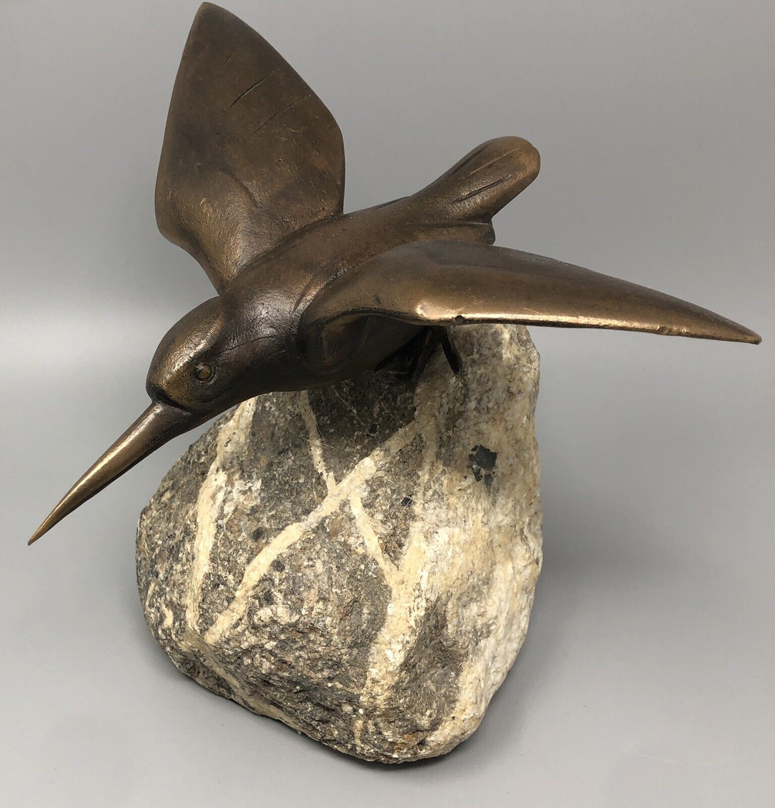 Vintage Charles Reussner Shore Bird Bronze Sculpture Figure Granite Rock Signed