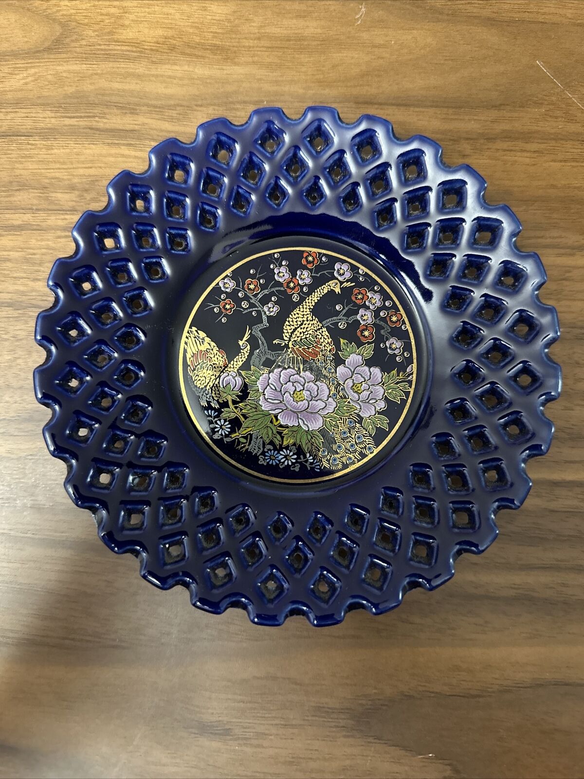 Vintage Asahi Sato Gordon Peacocks Flowers Blue Lattice Plate Japan 6