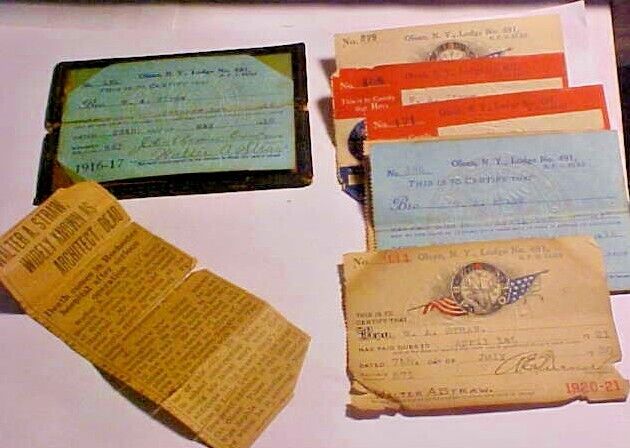 1916 Visiting card case Olean, N.Y. Elks Lodge 491 w/8 receipts Walter A. Straw