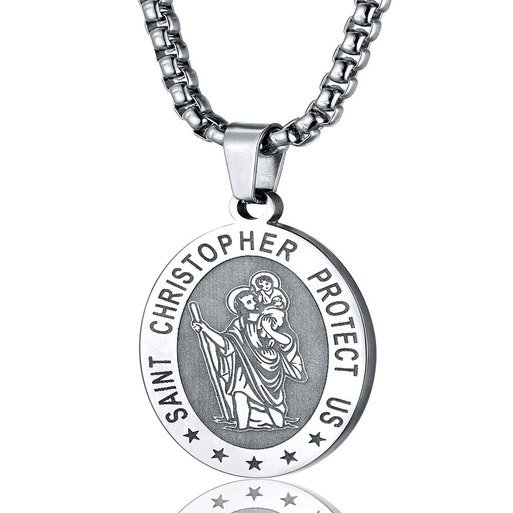 Saint Christopher Medal Necklace Pendant for Men and Oval Catholic Women Jewelry