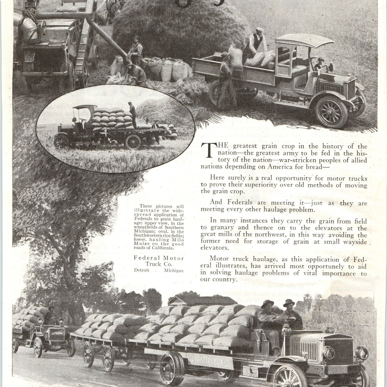 1918 Federal Motor Truck Grain Delivery Print Ad Bannister Grain California 1J