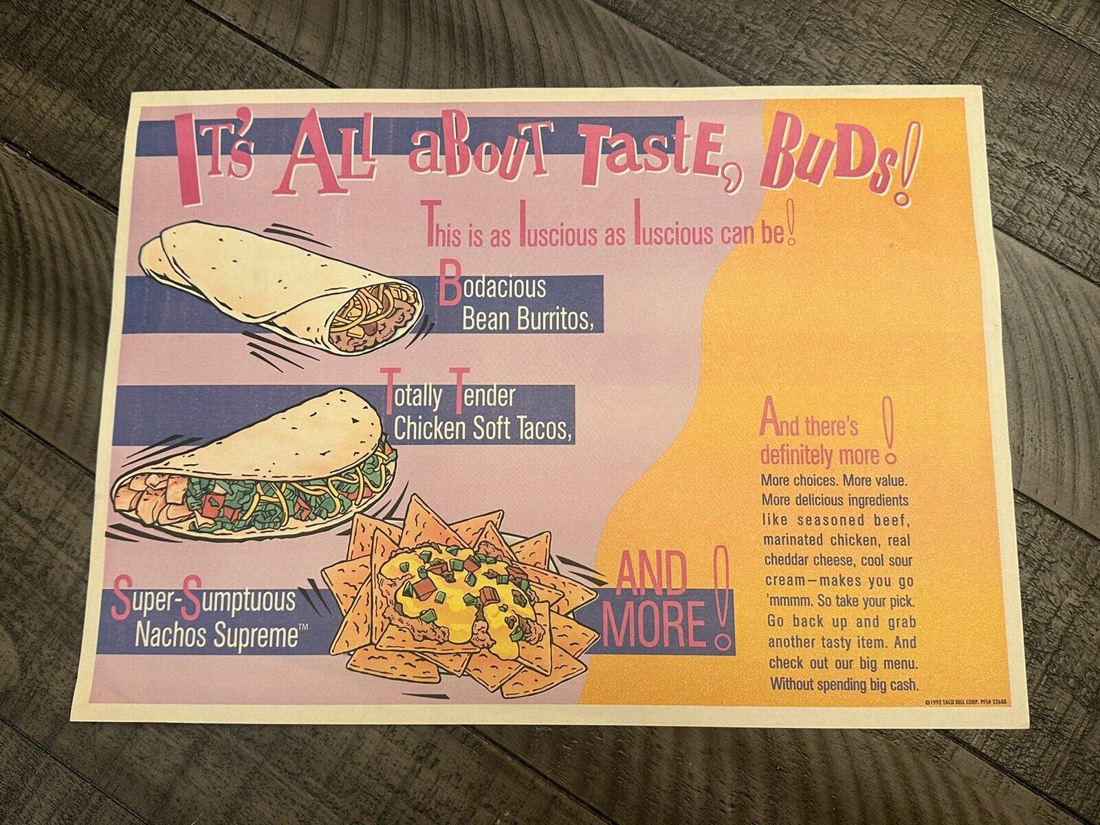 Vintage Authentic Taco Bell Tray Paper 1992 “Its All About Taste, Buds”