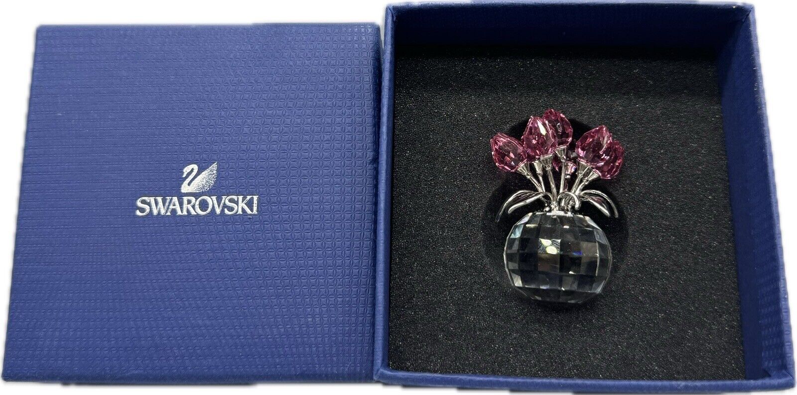 Swarovski Crystal Flower Pot Vase Pink Rose Tulips Signed Retired Figurine