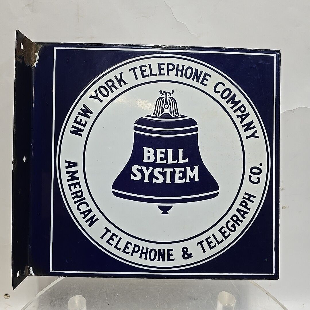 Original New York Telephone Bell Porcelain Flange Advertising Phone Booth Sign