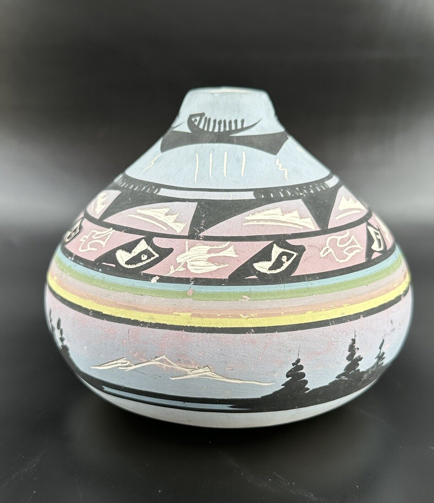 Navajo Seed Pot Hand Painted Etched by Ronda Thomas Noah\'s Ark Story 5 x 6\