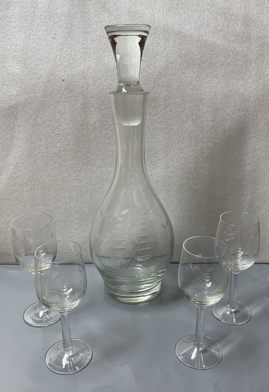 Vintage Decanter Set Etched Ships Cordial Glasses Stopper Clear Glass