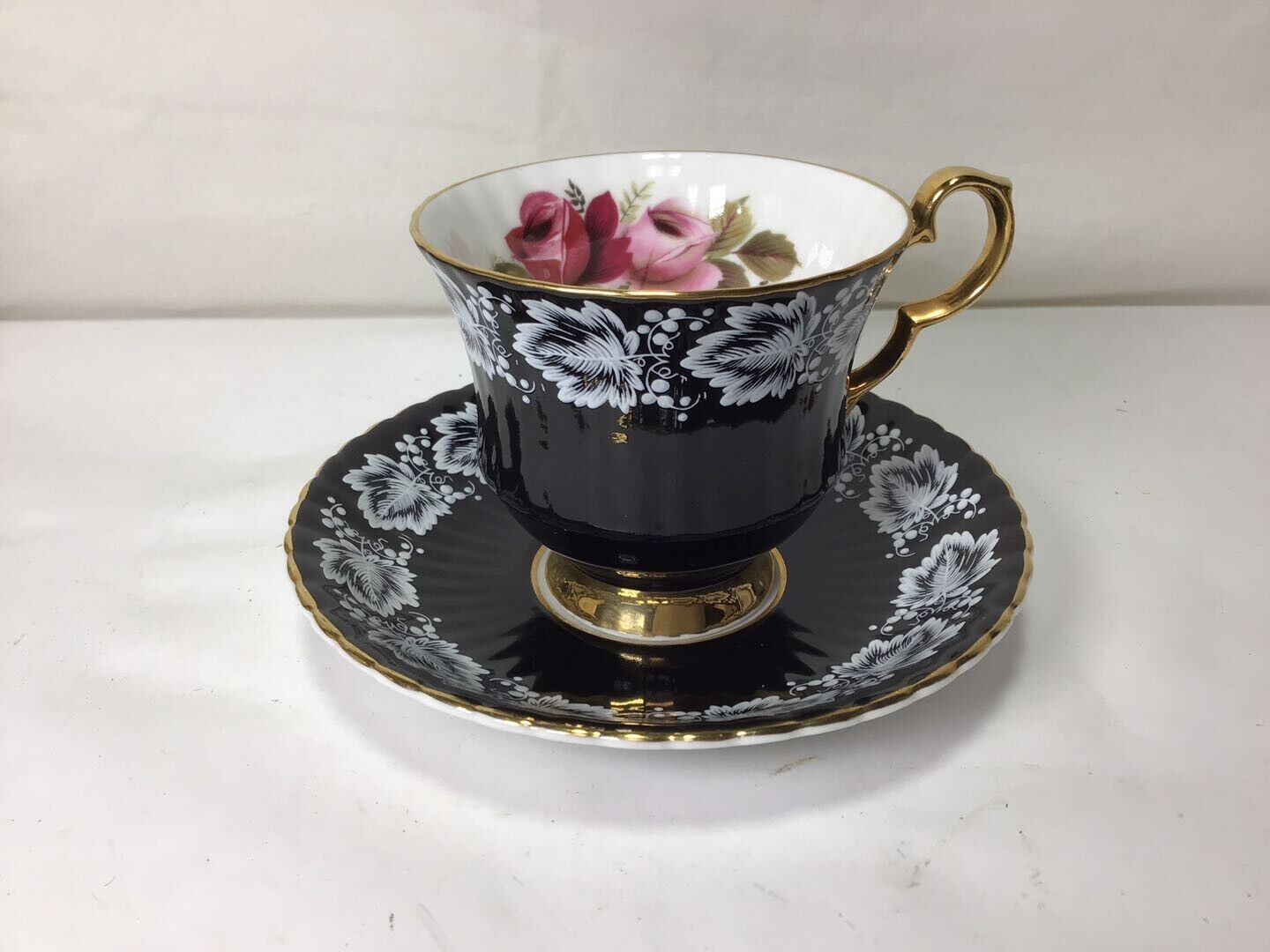Y43 Vintage Society Cup And Saucer - Black, White & Gold With White Relief
