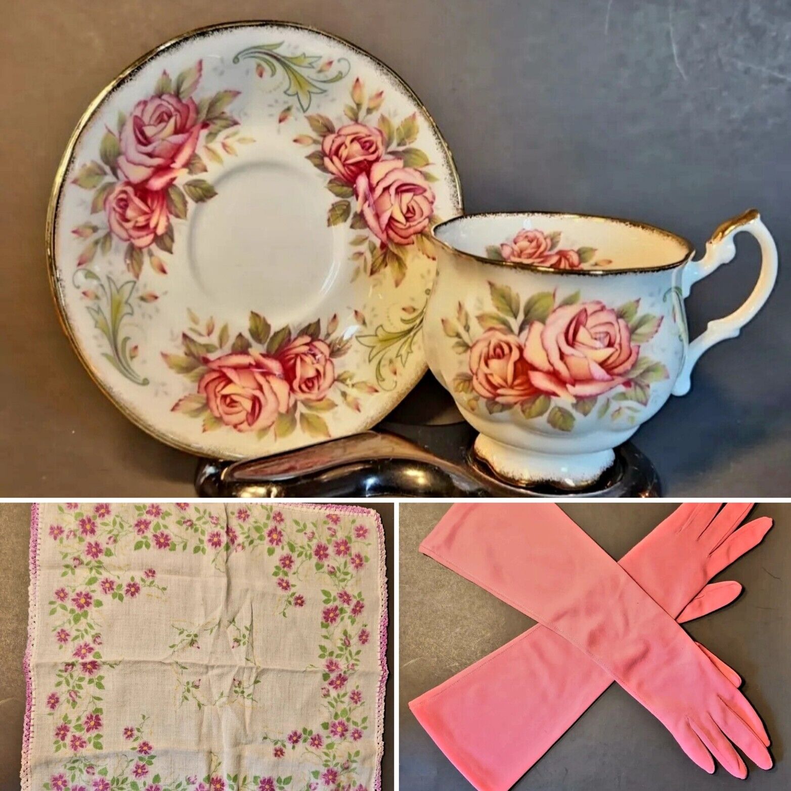 RARE Elizabethan Fine Bone China Tea Set- Teacup, Saucer, Gloves, Doily & Stand